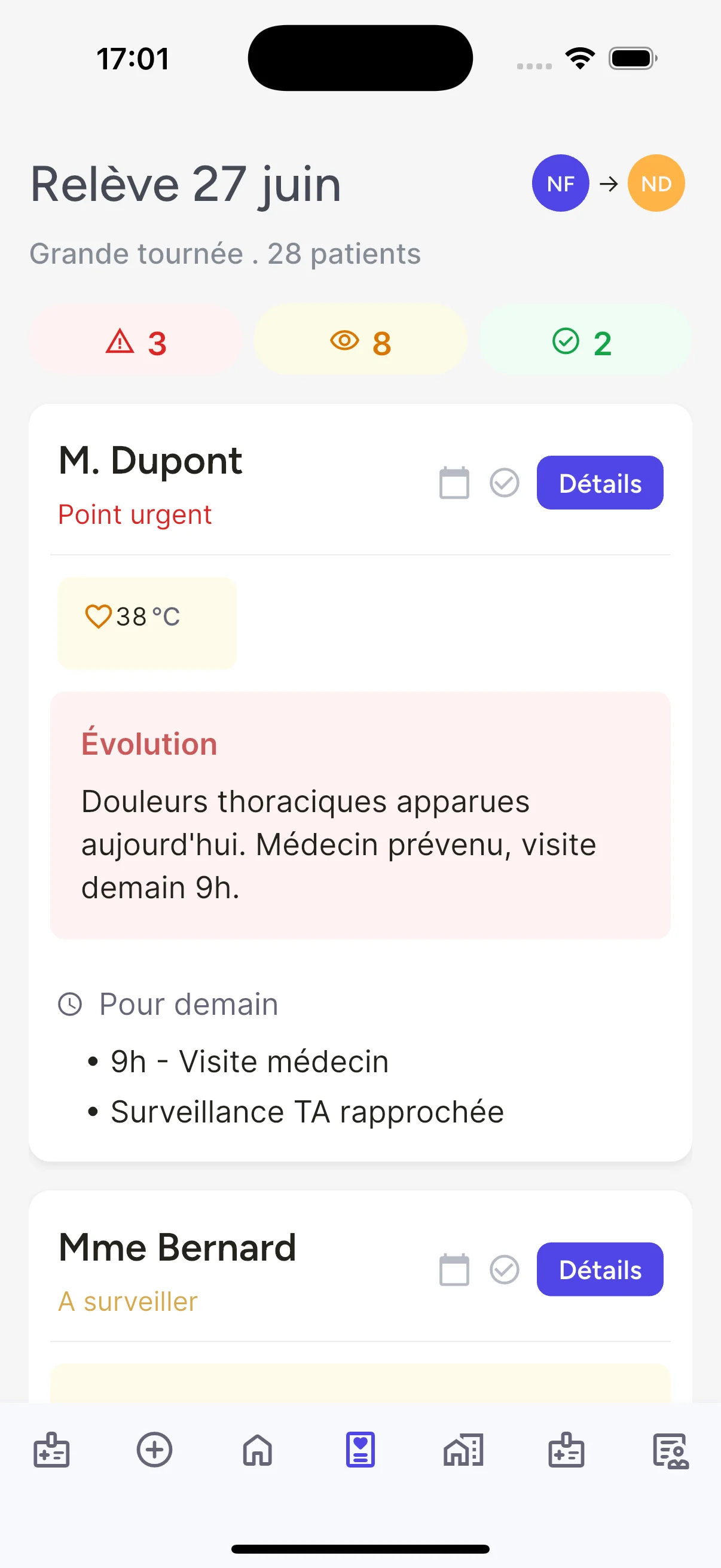 Relève infirmière de la tournée, partagée avec les collègues dans Mellya