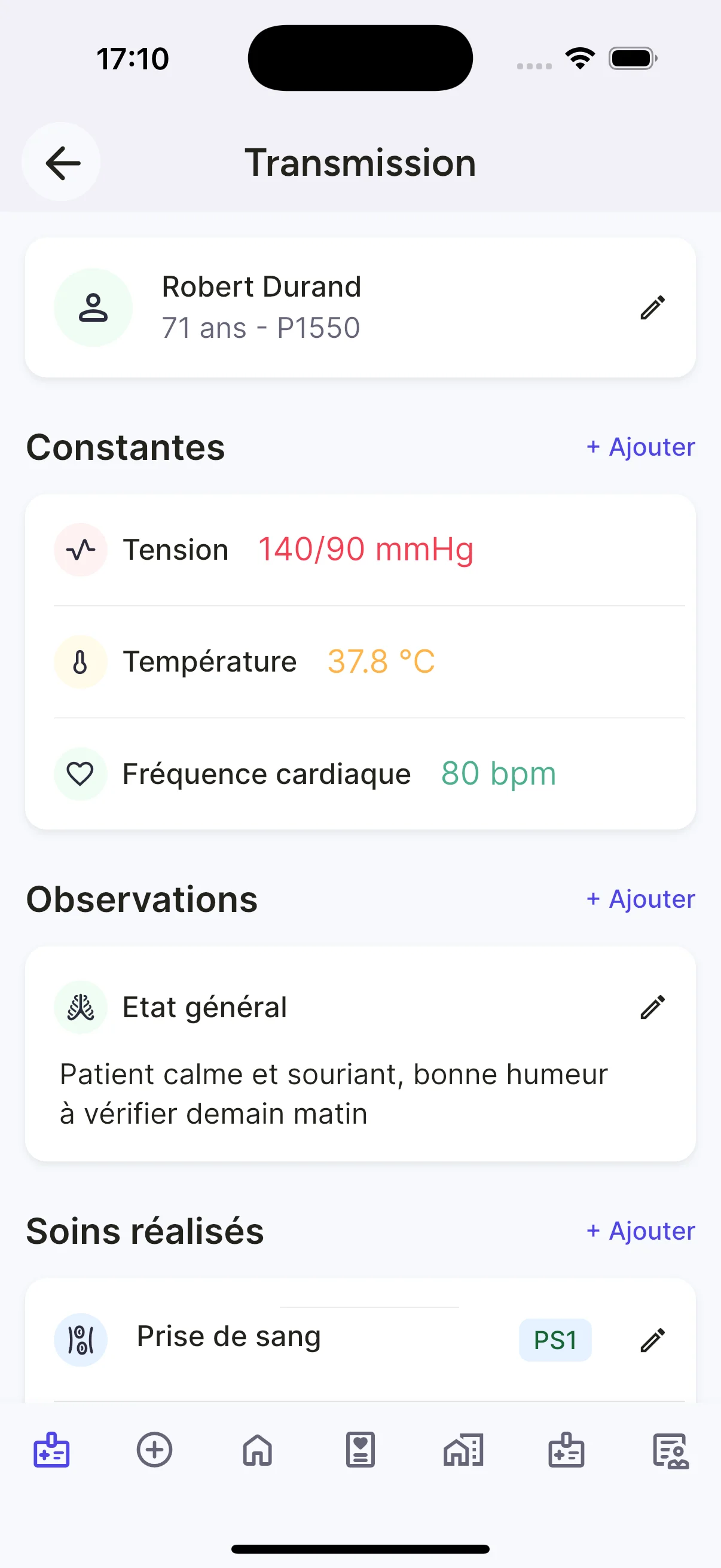 Transmission infirmière structurée en dossier de soins (constantes, soins) dans Mellya